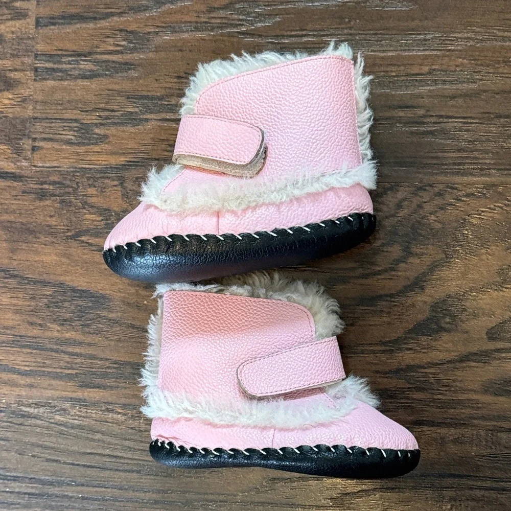 pediped Pink Faux-Fur Walker Booties with Black Soles